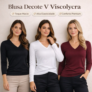 Blusa Feminina Manga Longa Gola V Modela o Corpo Não Marca Visco Lycra Bella Kah em Oferta na Shopee