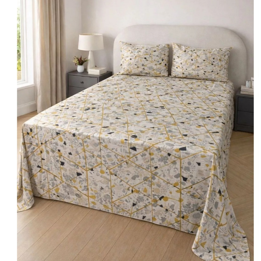Jogo de Lençol Cama Queen Estampado 3pç S/Elástico Micropercal 500 Fios Toque Macio de Algodão