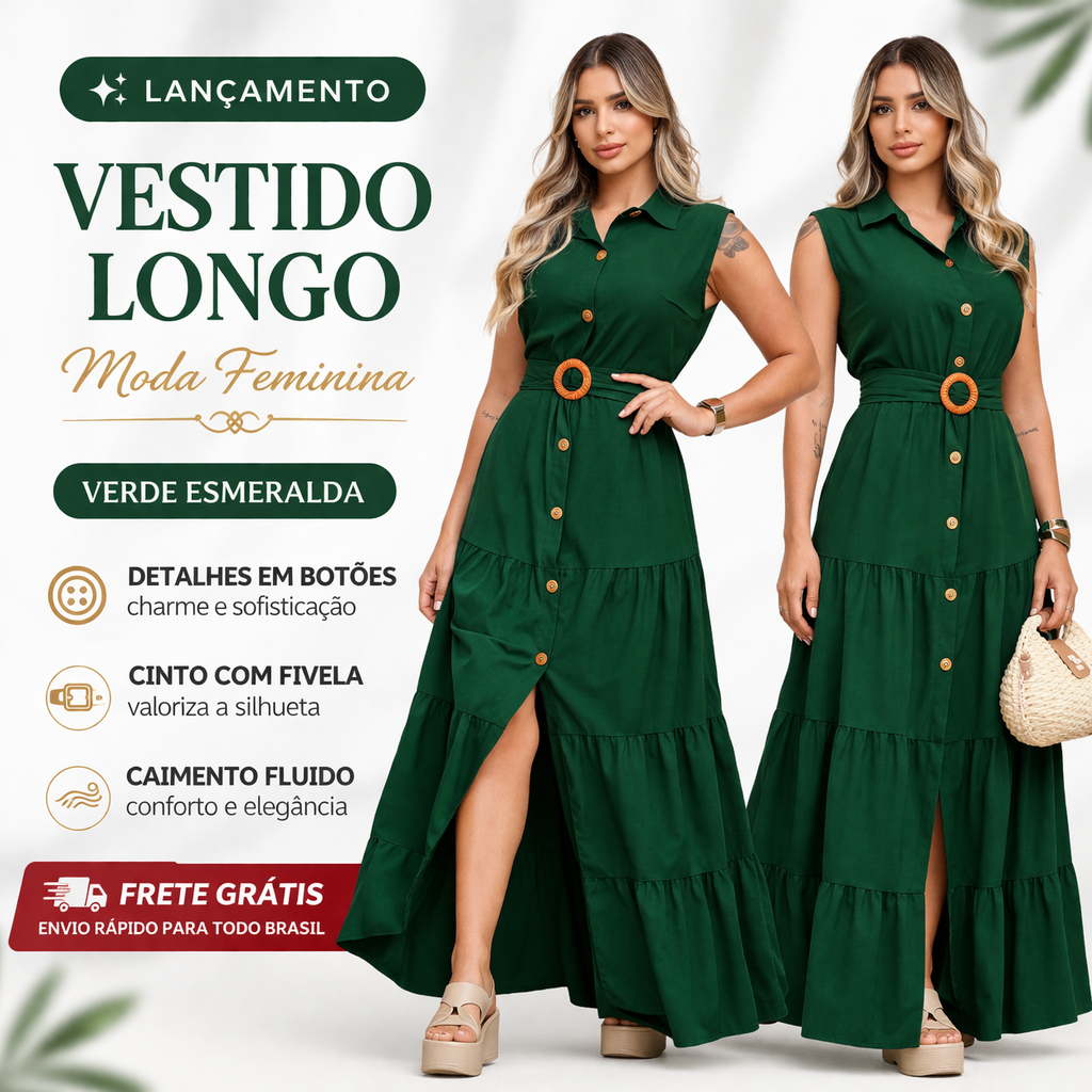 Vestido Longo Feminino Sensoriale Cinto Ajustável Moda Elegante Alta Qualidade Pronta Entrega