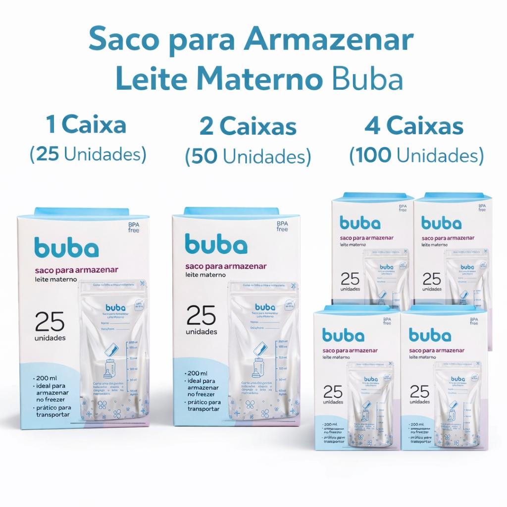 Saco para Armazenar e Congelar Leite Materno Buba Kits 25, 50 ou 100 Unidades Descartável