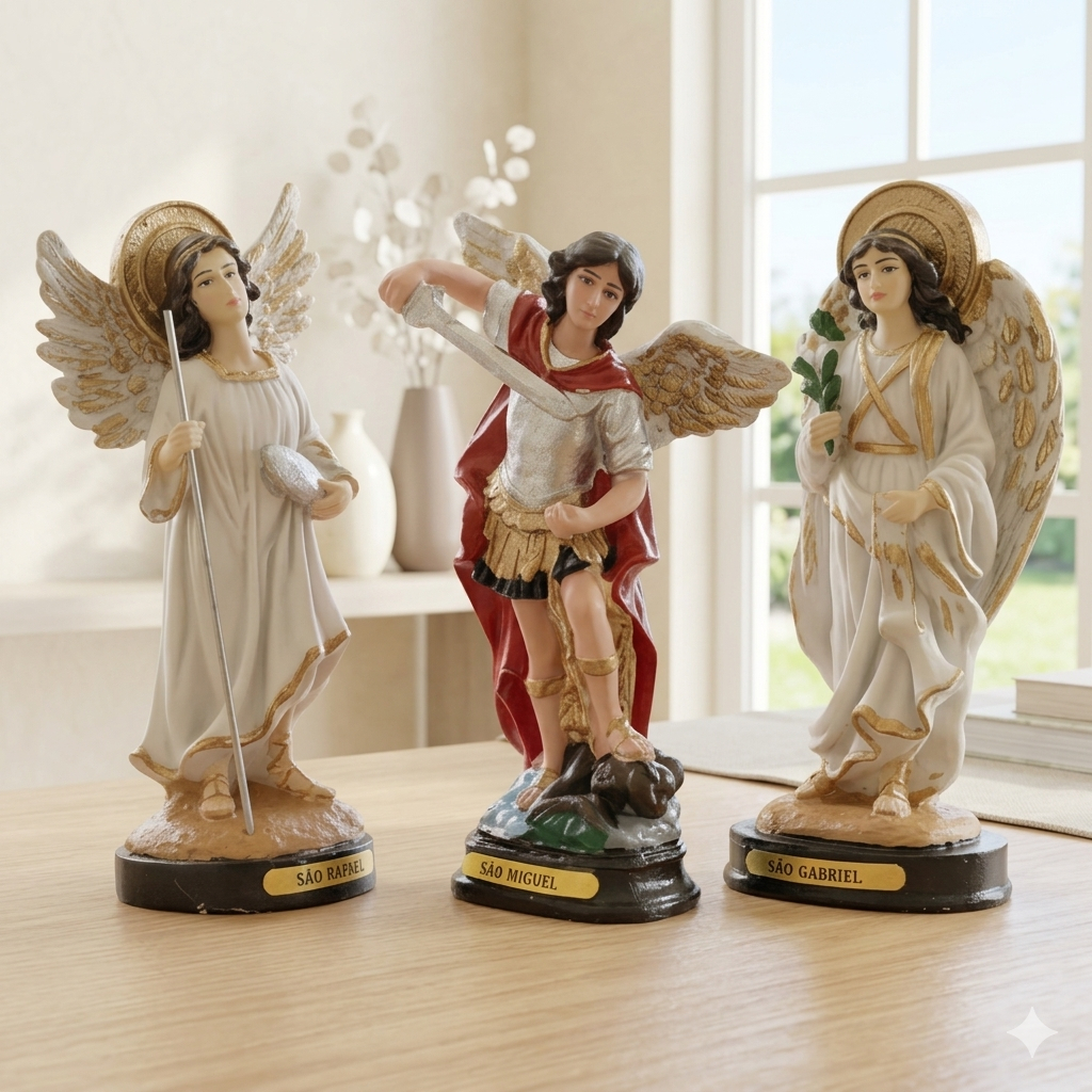 Trio Arcanjos Miguel Rafael e Gabriel Imagem De Resina 15cm Decoração Religiosa