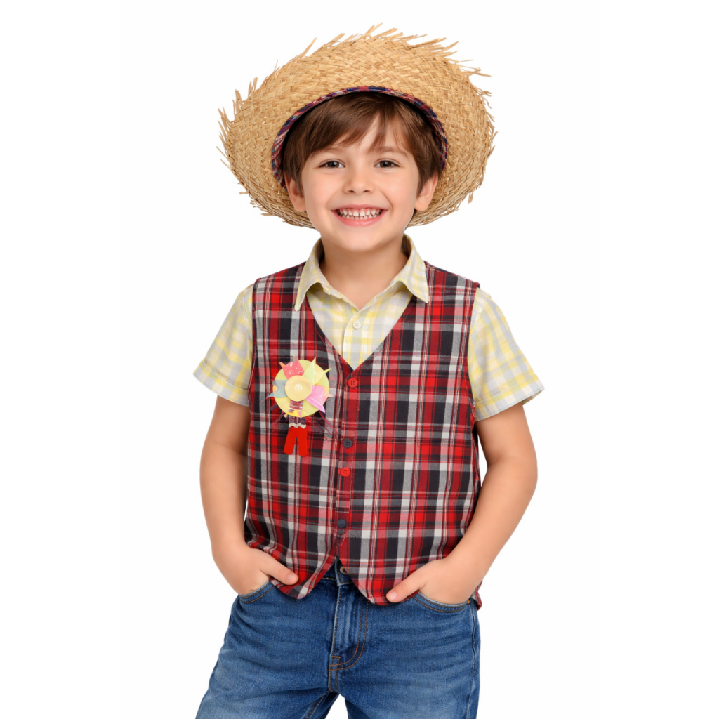 Colete Festa Junina Xadrez Menino Infantil Quadrilha Arraiá São João Fogueira Apresentação Caipira Chapé Vários Modelos