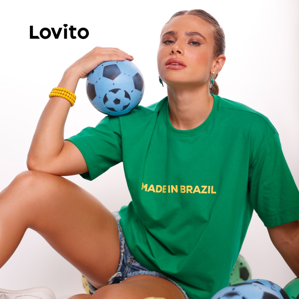 Lovito Camiseta Casual Feminina Brasil Core Copa do Mundo TSB17351765 em Oferta na Shopee