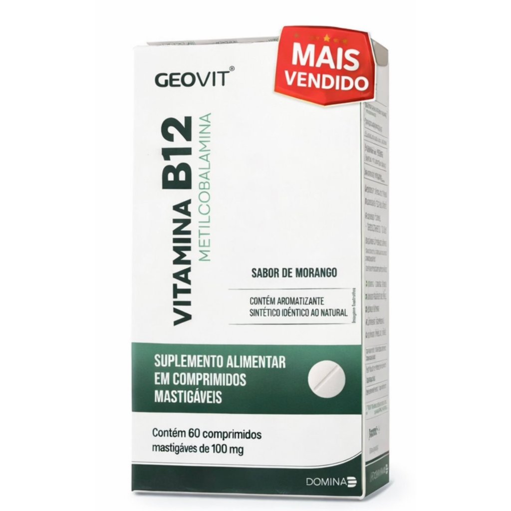 Vitamina B12 Metilcobalamina Geovit 100mcg 60 Comprimidos Mastigáveis Morango