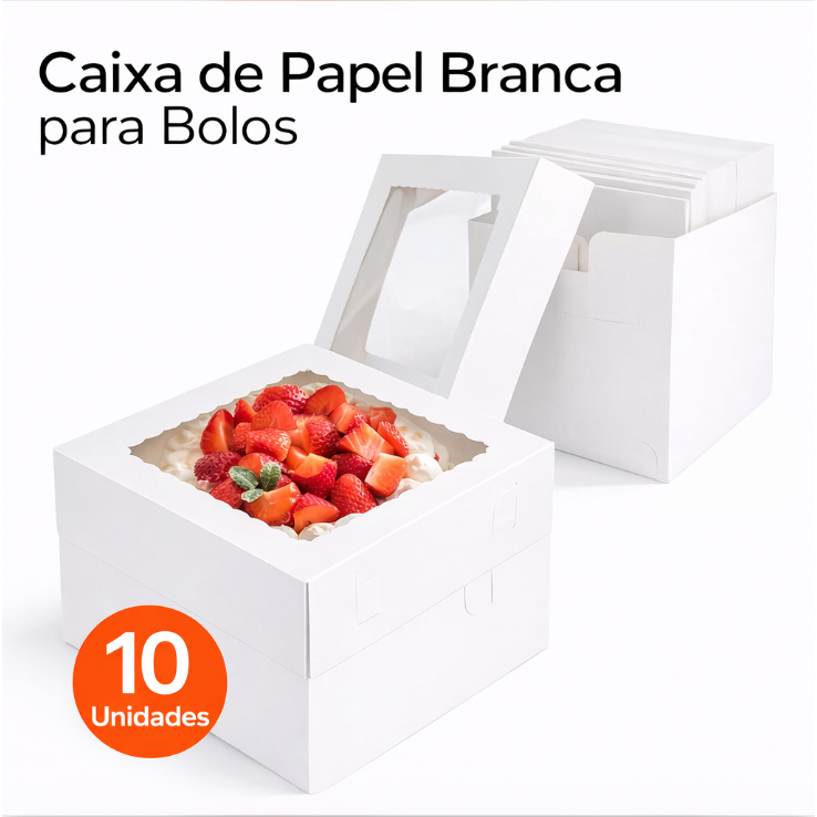 Kit 10 Caixa de Bolo Kraft 25x25x20cm com Janela Transparente Alta Alimentício