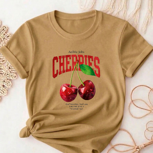 T-Shirt Cereja Feminina Estilosa 100% Algodão Premium Básica Versátil Confortável Tendência Moda Gringa