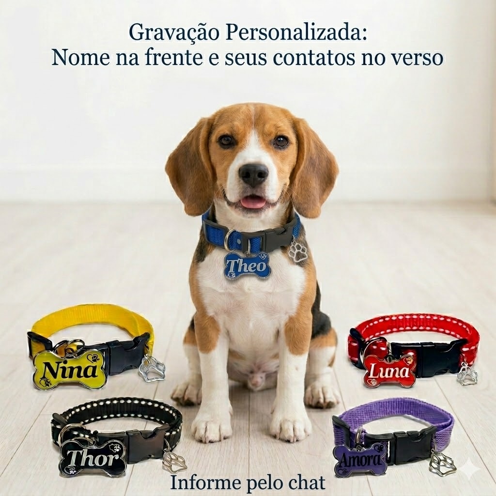 Plaquinha de Identificação com coleira para cães - dados do tutor no verso