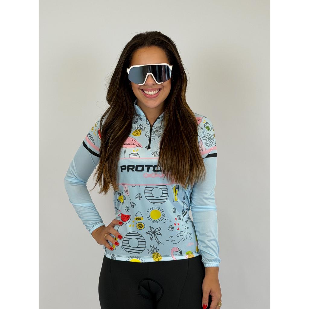 Camisa Ciclismo Mountain Bike Pro Tour Drinks Manga Longa para Pedalar Ciclista Dry Fit Protecao UV com Bolsos Bicicleta
