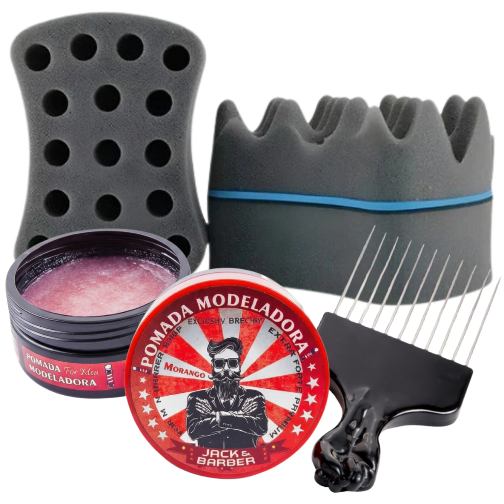 Esponja Nudred Dupla Enrolar Cabelos P 12mm + cera + Pente Afro
