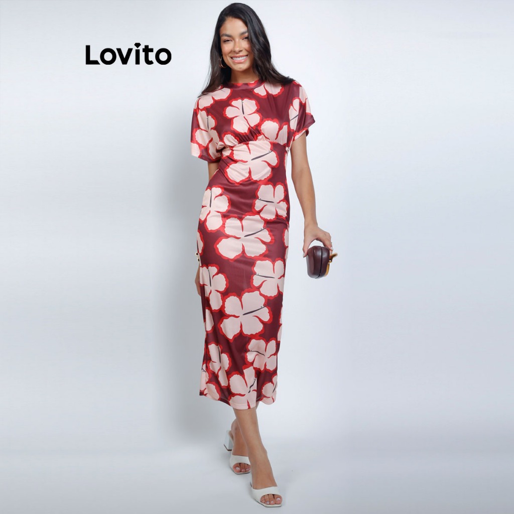 Lovito Vestido Feminino Midi Estampado Gola Fechada DRB1406BRL1436 em Oferta na Shopee