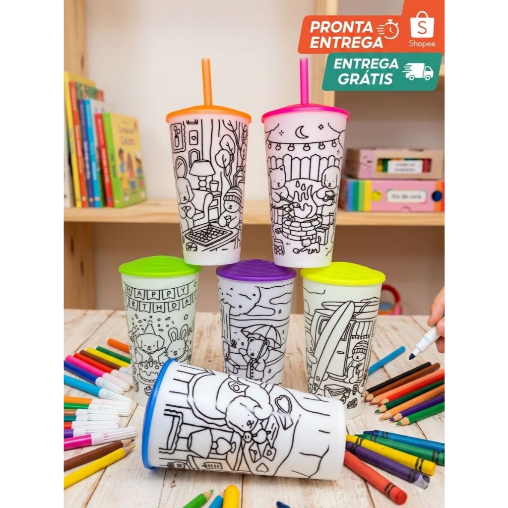 COPO COLORIR INFANTIL 20 COPOS 600ML C/TAMPA | ATIVIDADE ESCOLAR | REUTILIZAVEL | LEMBRANCINHA FESTA