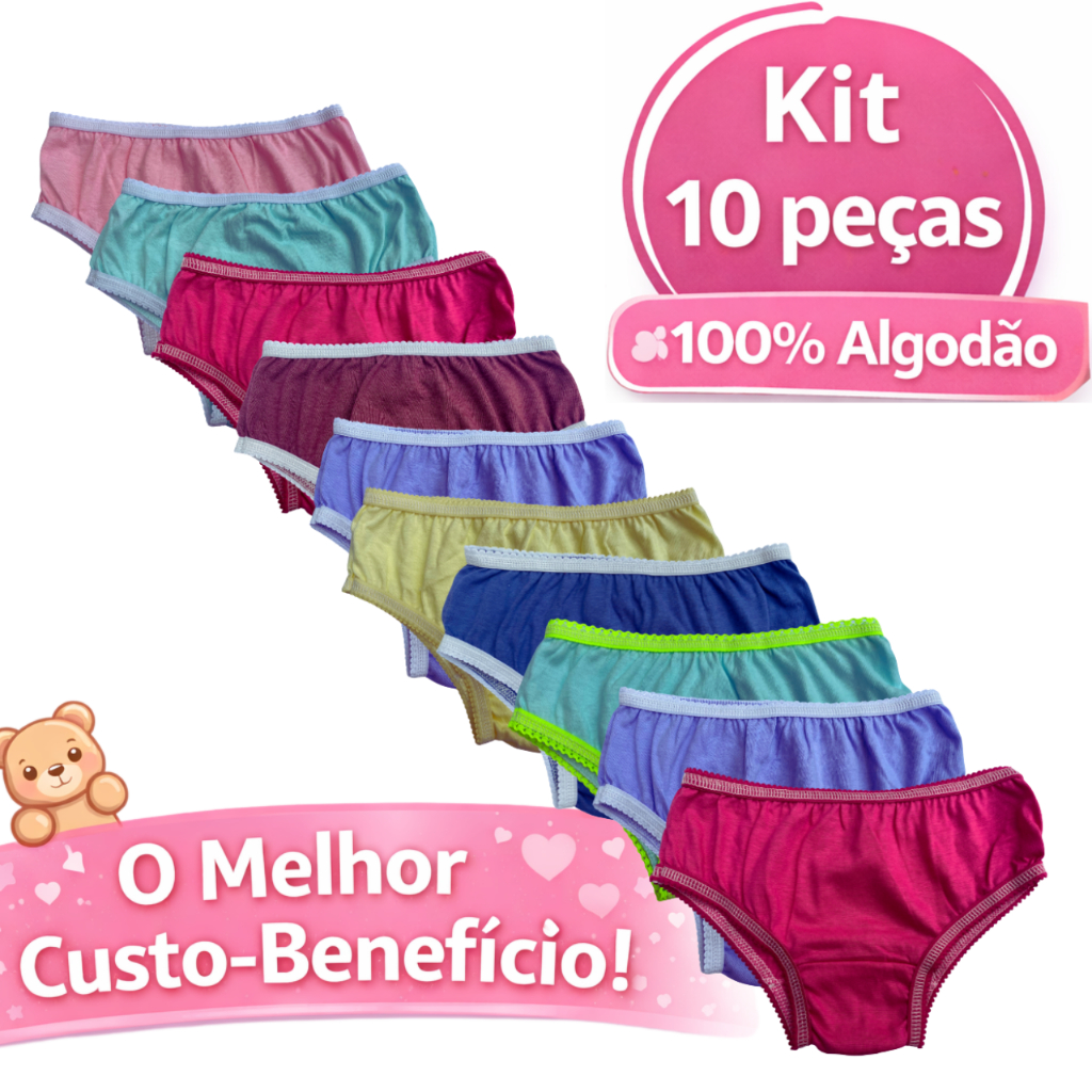 Kit 10 Calcinhas Infantis 100% Algodão Feminina Lisa Confortável Diversas cores ideal para desfralde