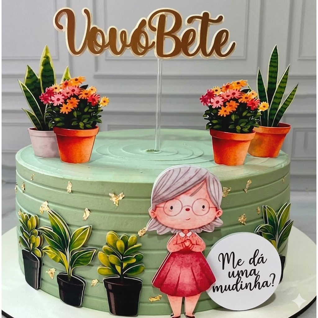 Topo Topper de bolo Vovó e suas plantinhas Personalizado em camadas