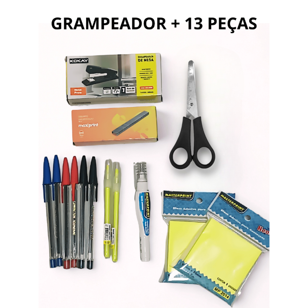Kit Grampeador Metal 25 Folhas 26 e 24/6 + 5000 Grampos 26/6 Canetas Tesoura Post-it 14 Peças
