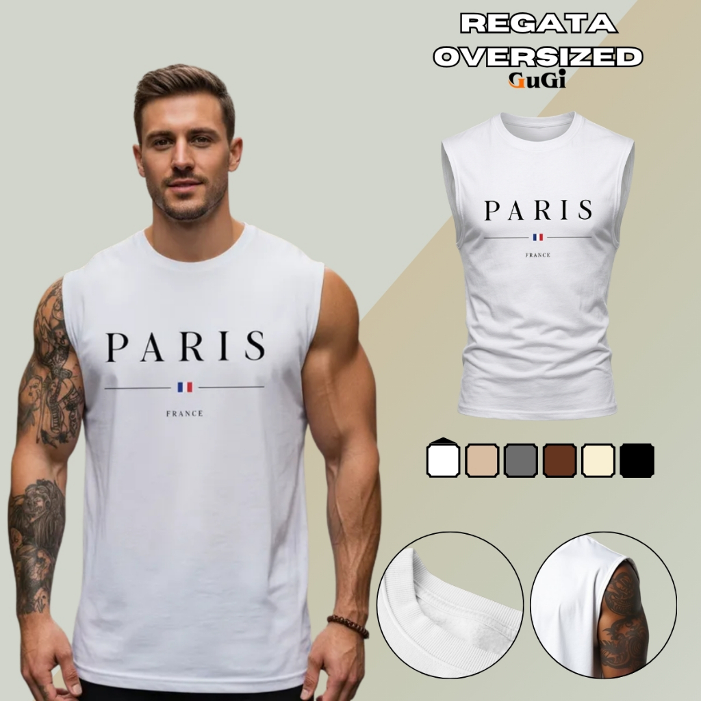 Regata Machão Muscle Estampa Paris France GuGi Algodão 30.1 Camiseta Masculina Cavada Estampada
