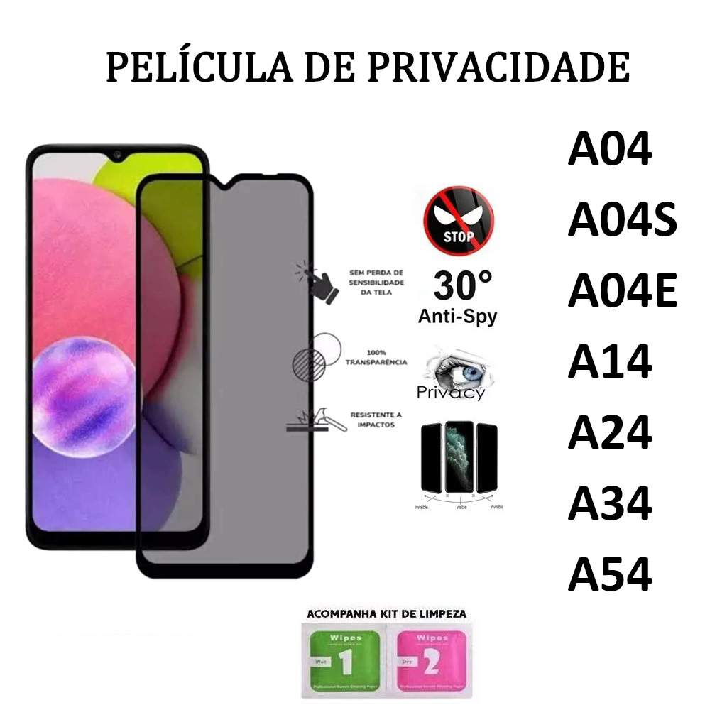 Película Privacidade de Vidro Temperado 3D/9D para Samsung A04 A04S A04E A14 A24 A34 A54