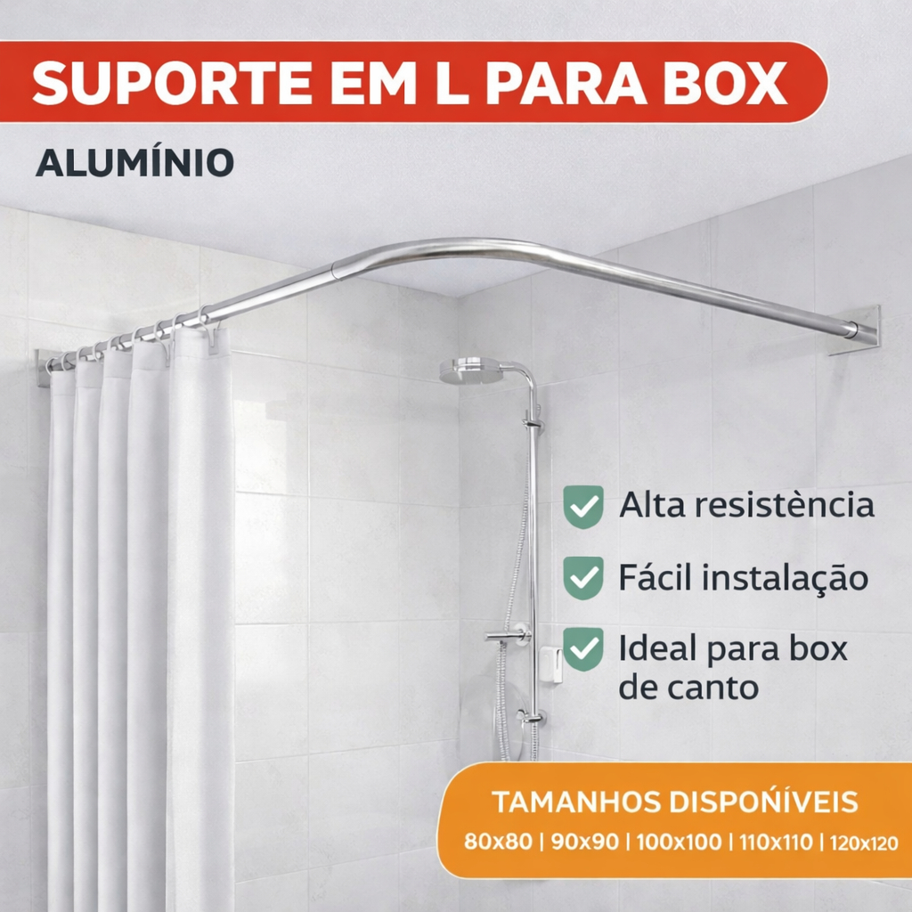 Suporte Para Cortina Box Varão em L Banheiro Alumínio Forte Fácil Instalação Vários Tamanhos Suporte Para Cortina Box Varão em L Banheiro Alumínio Forte Fácil Instalação Vários Tamanhos