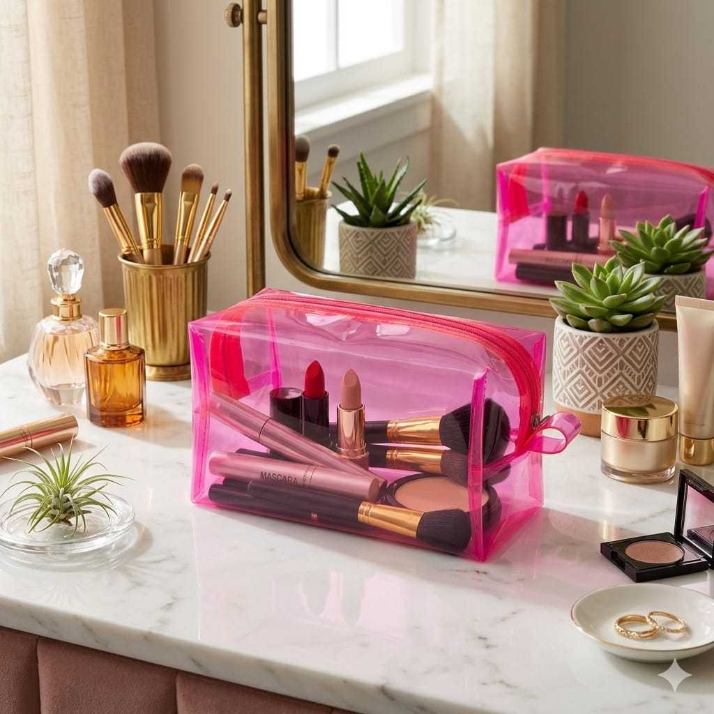 Necessaire estojo organizador transparente para viagem e maquiagem fácil de limpar