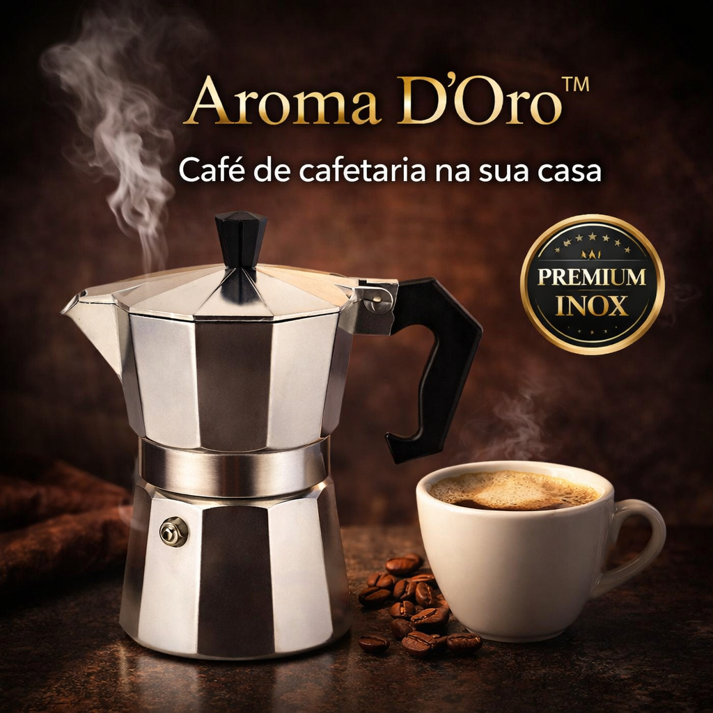 Cafeteira Italiana Inox 3 Xícaras Aroma D’Oro™ Café Forte Cremoso Tipo Italiana Moka Express Fogão Rápido e Econômico