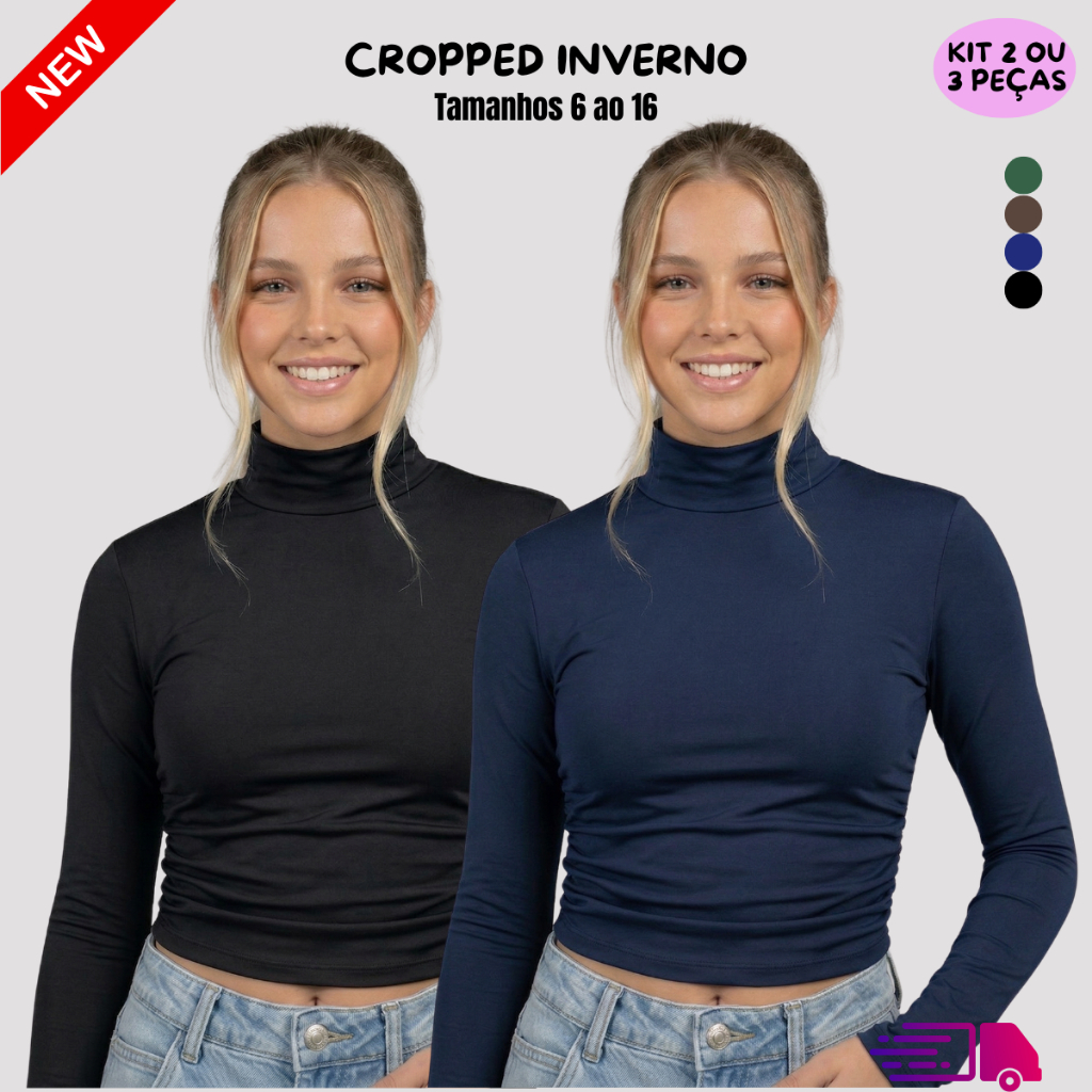 Kit Blusa Cropped Manga Longa Gola Alta Infantil Juvenil 2 ou 3 Peças Franzido Adolescente Moda Inverno