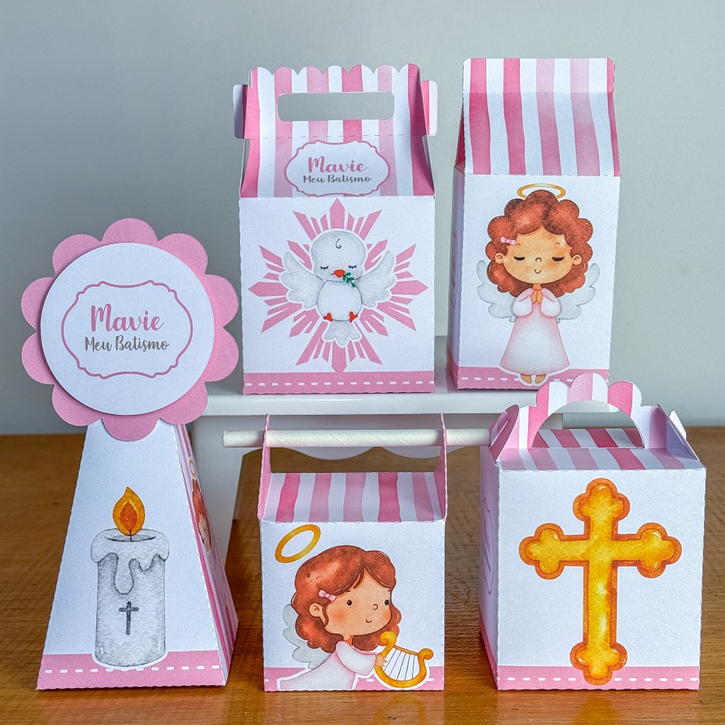 Kit Caixinhas Papelaria Personalizada Batizado rosa Lembrancinha Surpresa aniversário festa infantil Desmontado