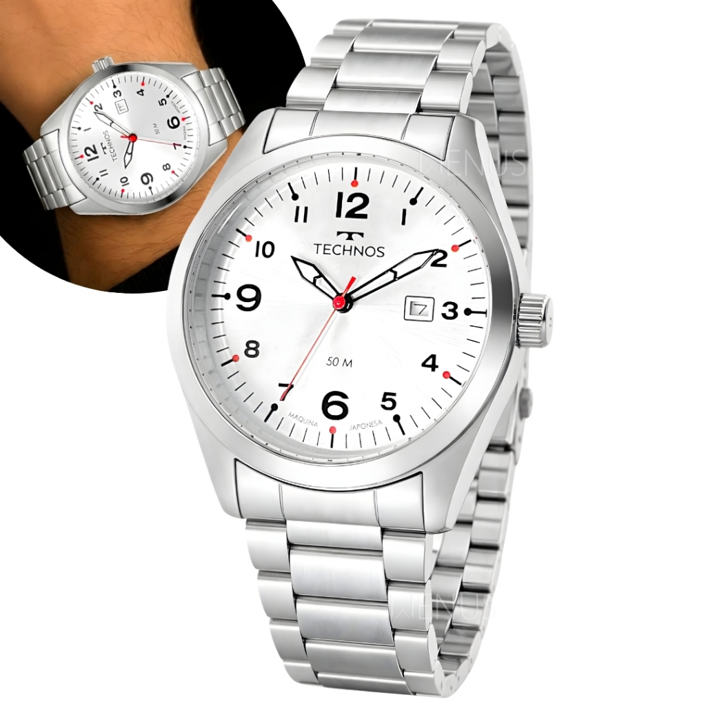 Relógio Technos Masculino Analógico Quartz De Pulso Linha Performance Em Aço Inoxidável Militar Original