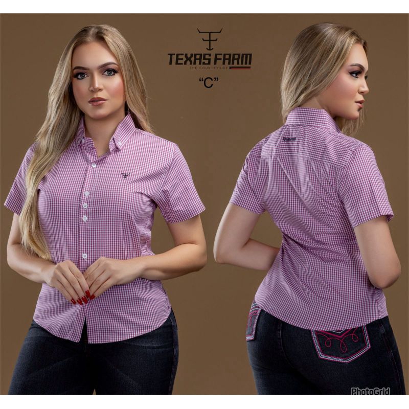 Camisa Feminina Country Texas Farm Manga Curta Xadrez Original | Do P ao GG | Vários Modelos e Cores