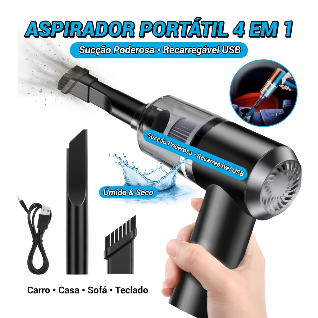 Mini Aspirador de Pó Portátil Automotivo Recarregável Sucção Forte para Carro e Casa