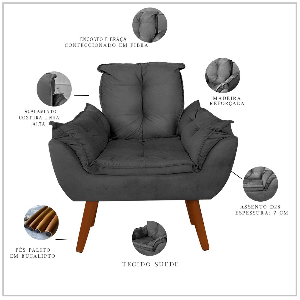 Kit 2 Poltrona Opalla Decorativa Sala Quarto Suede Cores Tiffany,Rose,Capuccino,Preto,Bege,Vermelho, Cinza — imagem 2 de 2