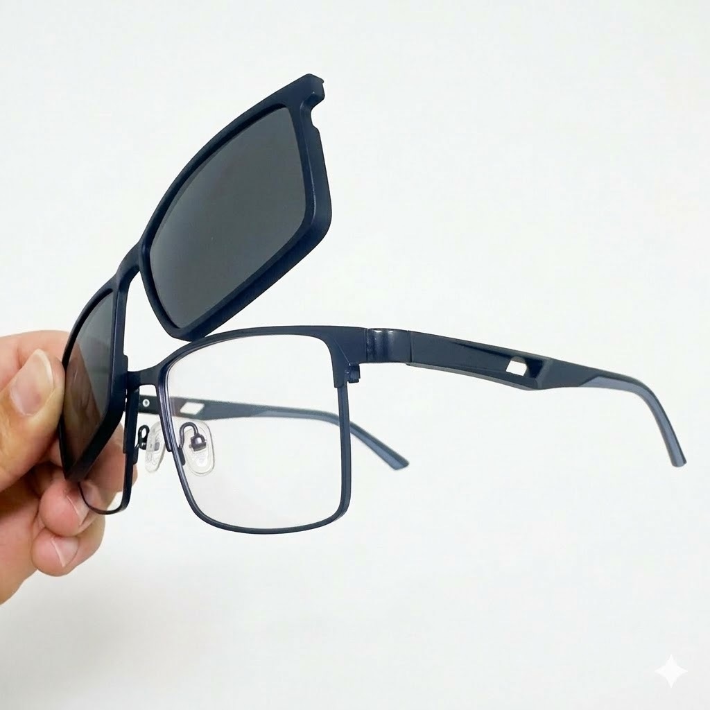 Armação de óculos para Grau Masculino Clipon 2 Em 1 Com lente Polarizada Haste Metal Quadrado