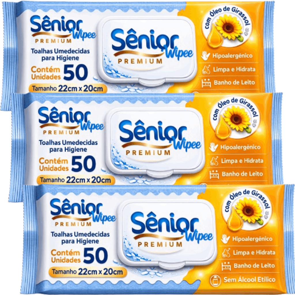 Kit C/3 Toalha Umedecida Sênior Wipes Premium C/50 Uni Total 150