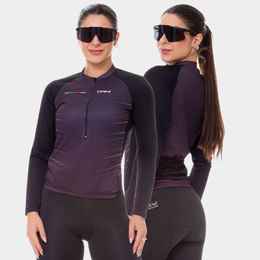 Camisa de Ciclismo Roupa Feminina Line Colors Frio Manga Longa