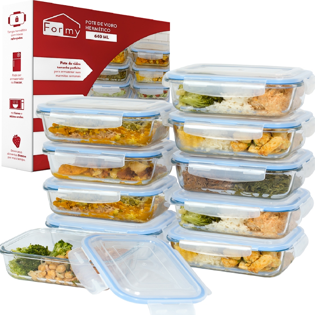 Kit 10 Marmita Vidro 640ml Hermético Anti Vazamento Fitness Freezer Microondas Geladeira