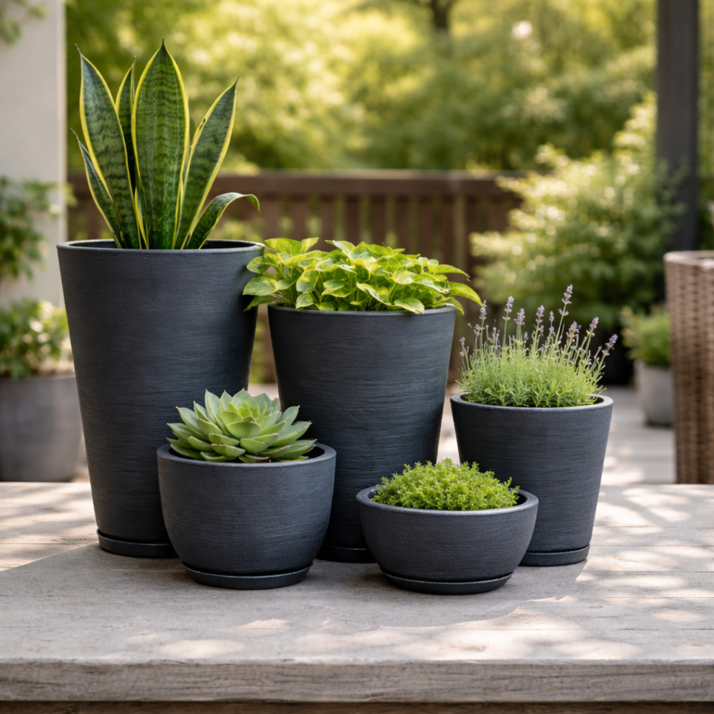 Kit Jogo 5 Vasos Para Plantas e Flores Grande Coluna Bojo com Pratos Sala Jardim Polietileno