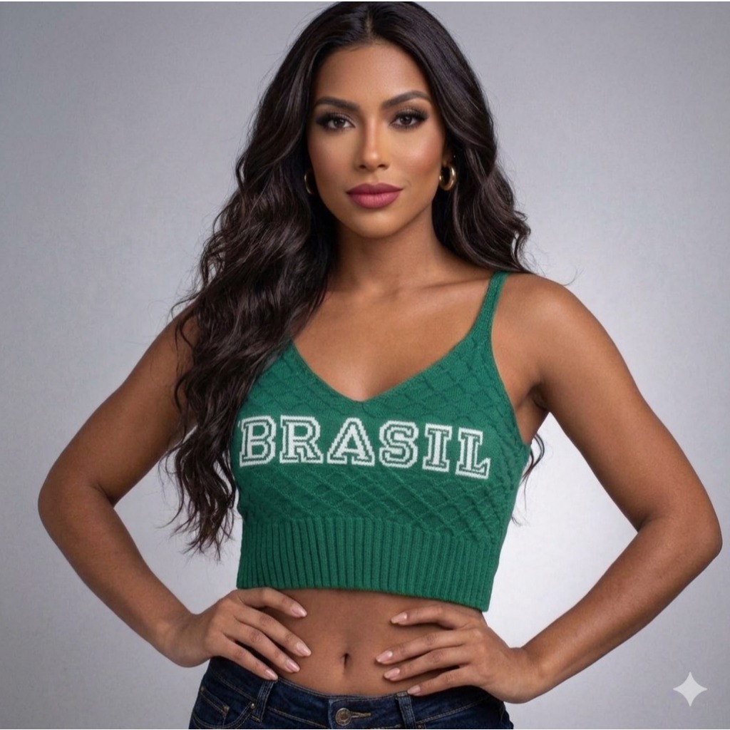 Cropped Tricô Brasil Core Torcido Regata Feminina Seleção Brasileira Copa do Mundo Tamanho Único