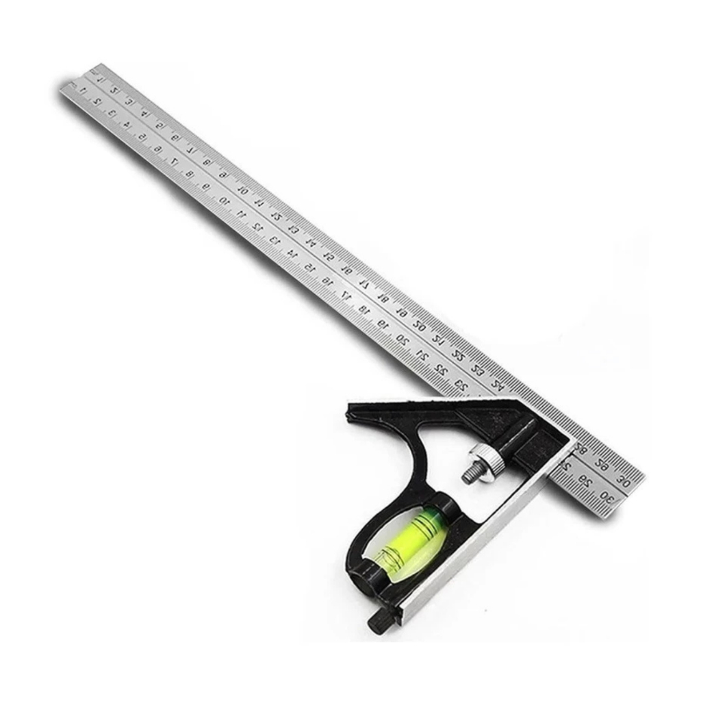 Esquadro Combinado Profissional Aço Inox c/ Nível Régua 30cm 12 Polegadas de Cotovelo