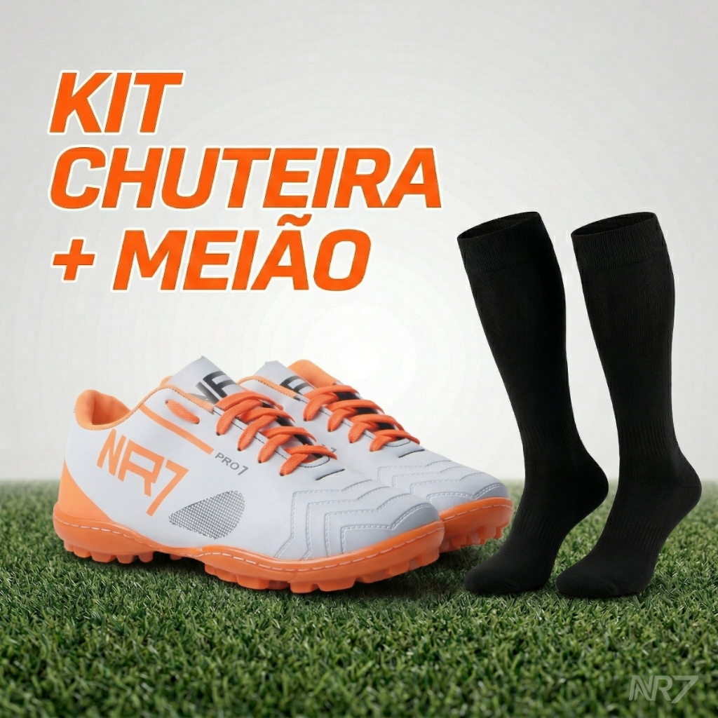 Kit Chuteira E Meiao Society Masculina NR7 Costurada Profissional Futebol Sintetico E Campo