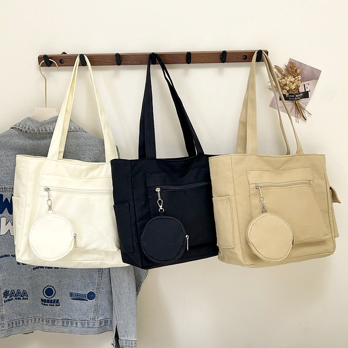 Kit Bolsa Feminina de Lona Grande Tote Bag Espaçosa Minimalista Lisa Conjunto Versátil Estilo Escolar