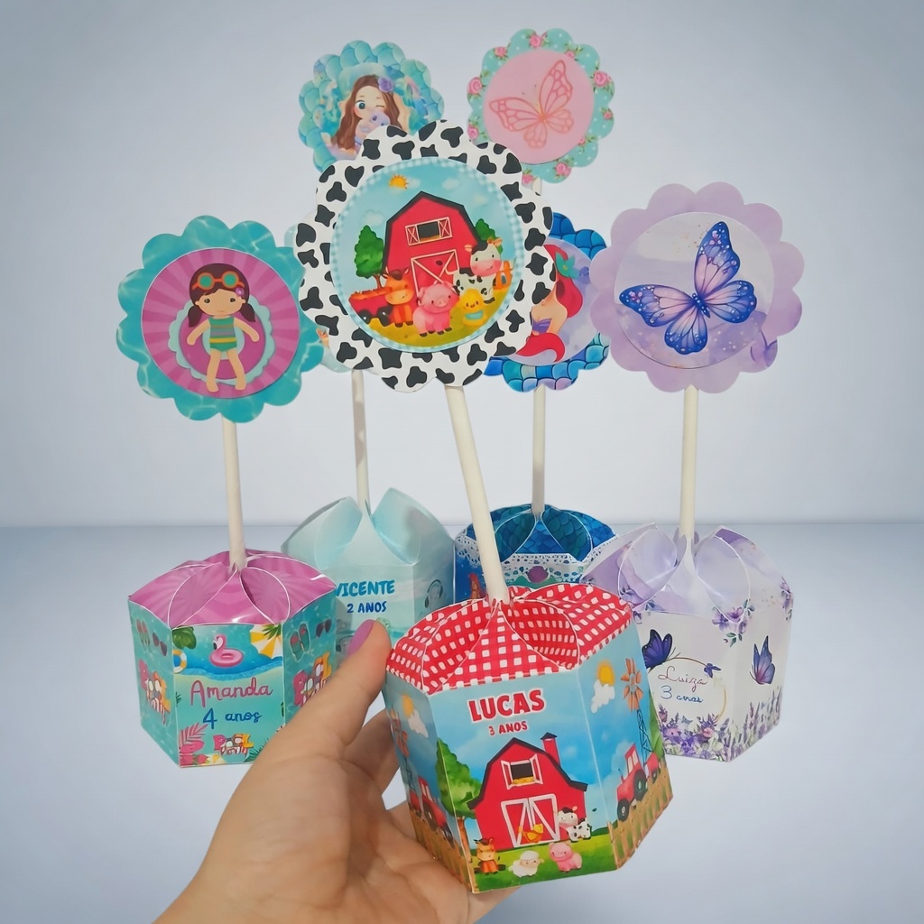 Pegue e Monte / Centro de Mesa Personalizado Pequeno - Caixa Sextavada Festa Aniversário infantil- VÁRIOS TEMAS