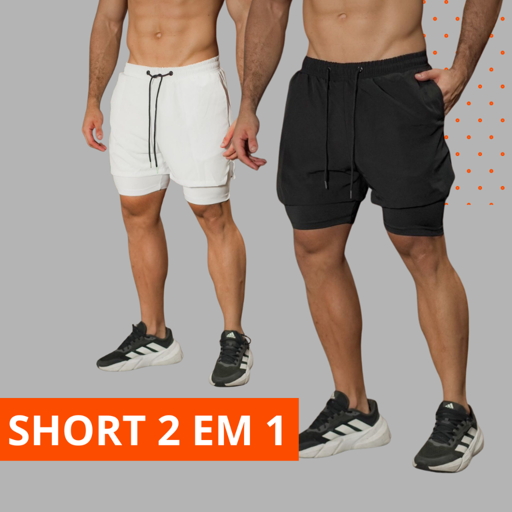 Short 2 em 1 Masculino Dry Fit Compressão Academia Corrida Treino Anti Odor, Corrida Musculação Com Elastano