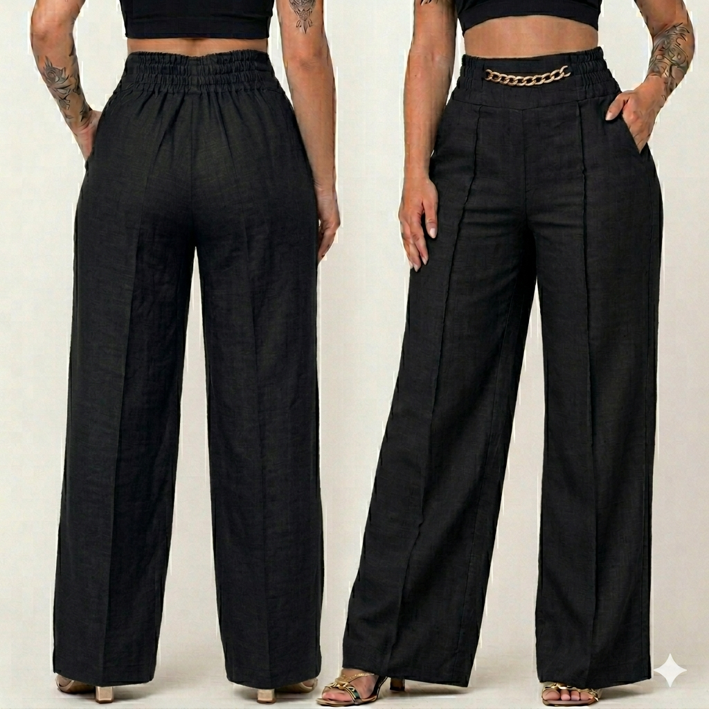 Calça Feminina de Linho Pantalona Social com Cintura Alta, Bolsos Laterais e Corrente Elegante Do P ao GG — imagem 2 de 2