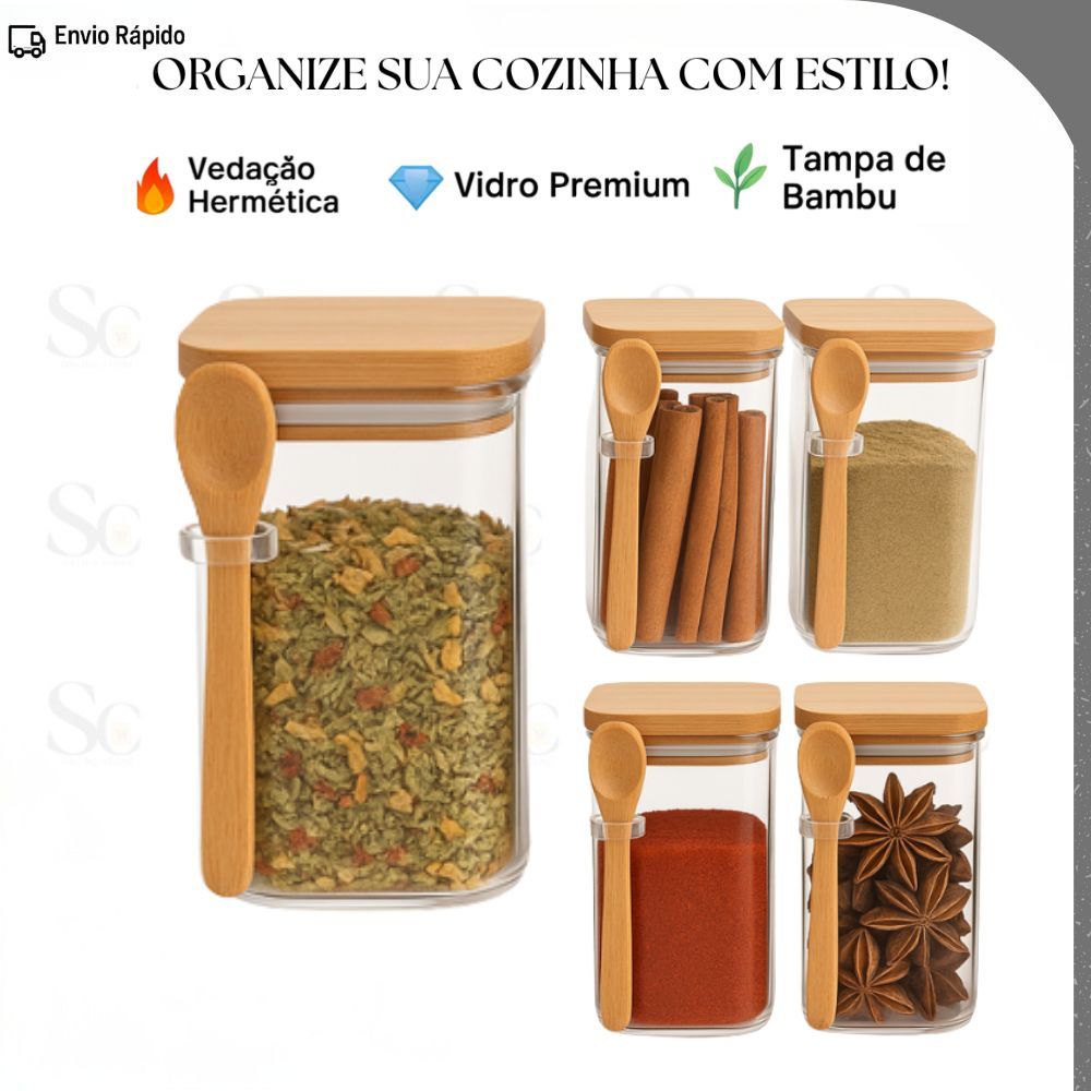 Kit 5/10/12 Pote Porta Temperos Vidro 250ml Quadrado com Tampa e Colher de Bambu