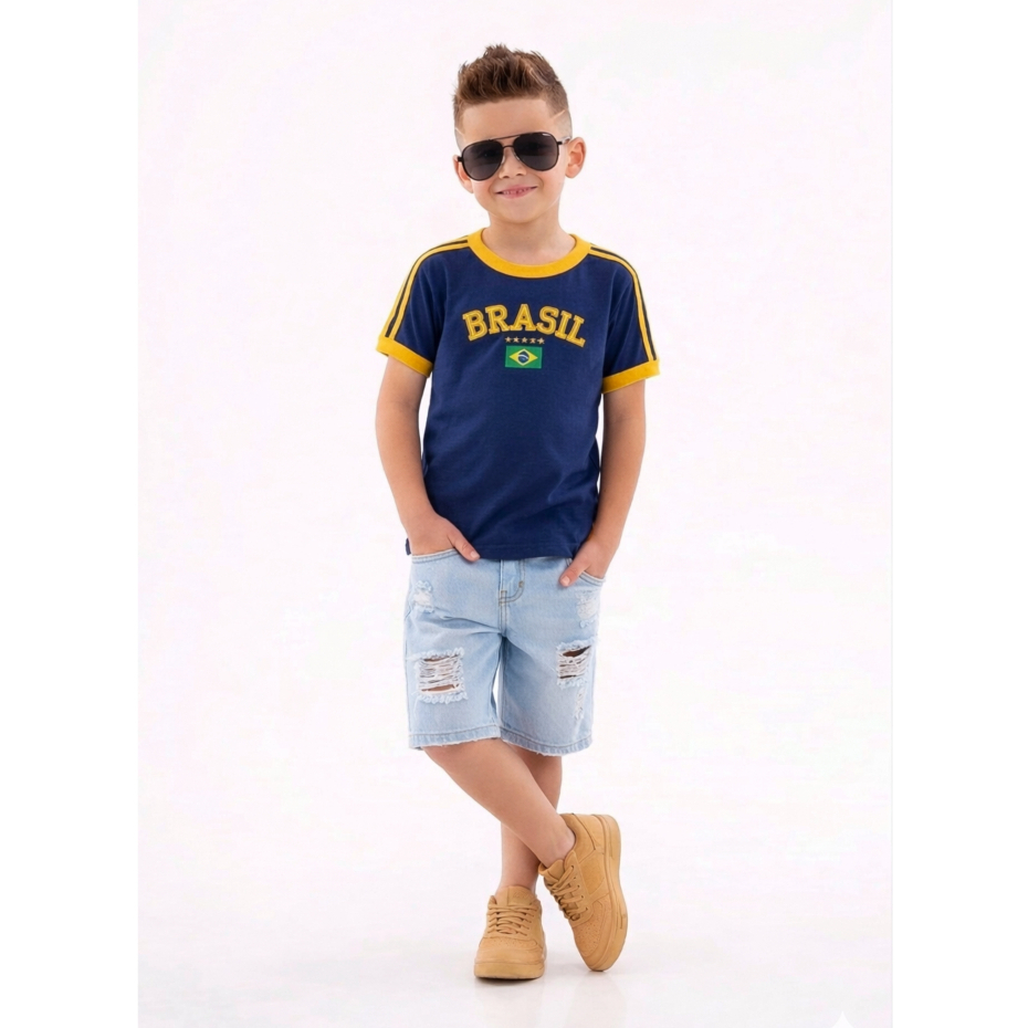 Camiseta Infantil Bandeira do Brasil Bordada Torcedor de Algodão Premium