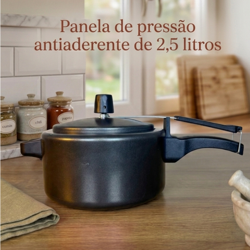 Panela de pressão 2,5 litros - Antiaderente - Fechamento interno - PRETO E CEREJA