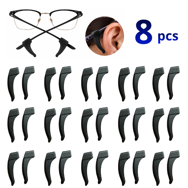 Kit 8 Suporte Para Armação de Óculos Antiderrapante 4 Pares Gancho de Orelha em Silicone Adulto e Infantil Cor Preto