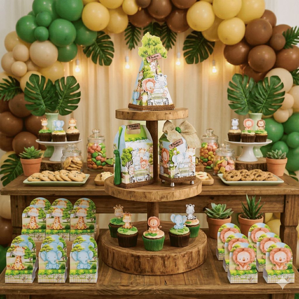 Kit 40 Lembrancinhas Safari Aquarela Baby Caixinha Personalizada Aniversario Menino 1 Ano Decoracao