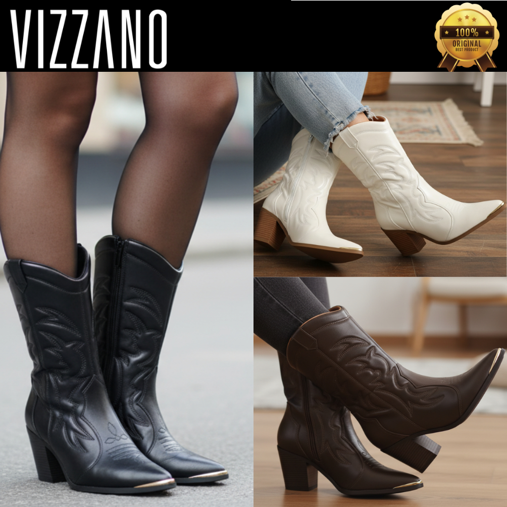 Bota Feminina Vizzano Country Western Texana Cano Médio Salto Bloco Grosso Confortável Bico Fino 3113101 Original