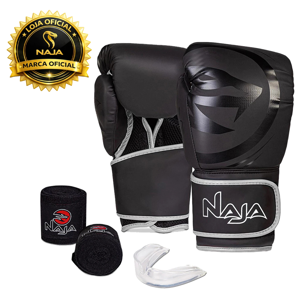 Luva Boxe / Muay Thai - Black Naja - Conjunto Bandagem rápida 2,5m + Bucal