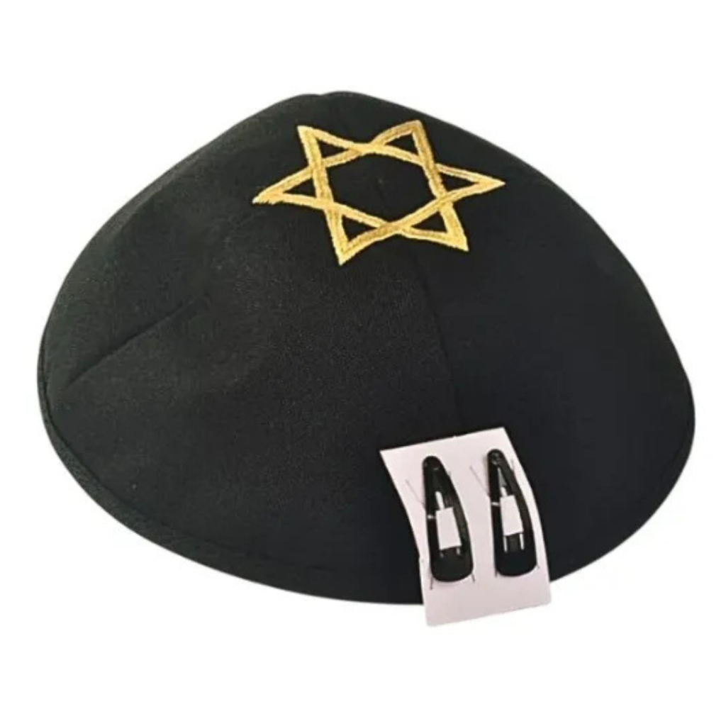 Kipá judaico preto com a estrela de Davi bordada em dourado + kit presilha brinde - Promoção