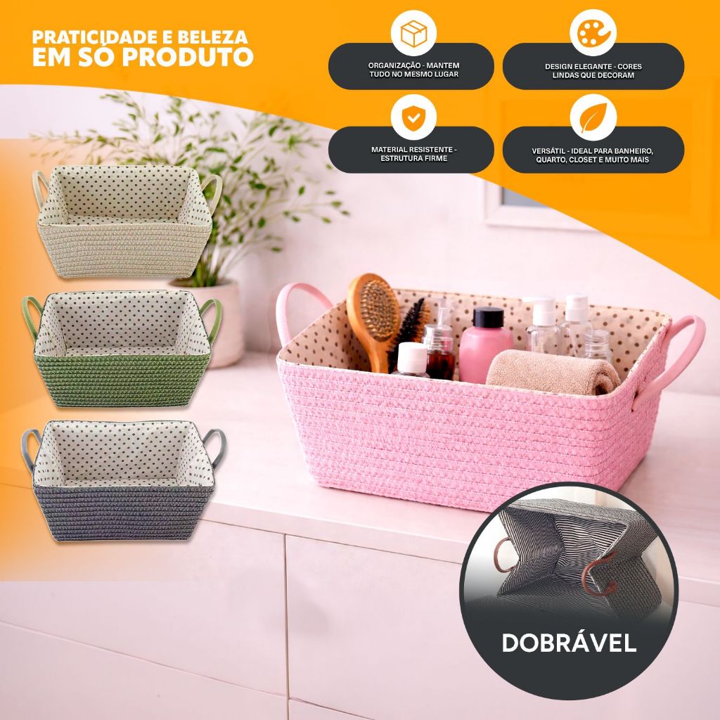 Organizador Cesto Retangular Em Tecido Alças Prático Decorativo